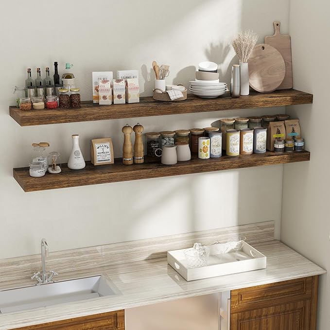 Fun Memories 72 Inch Floating Shelves, 12 Inch Deep Wall Shelf for Fireplace Mantel, Large Display Shelf & Storage Shelf, Wood Floating Wall Shelves for Home & Office, Rustic Brown, Set of 2