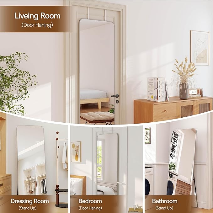 NARCISSUS 57x20 Mirror Door Hanging Full Length Body with Floor Stand or Wall Mounted Metal Aluminum Frame Tempered Glass Rectangle Mirrors for Bedroom Dressing Living Room Bathroom 57 inch Silver