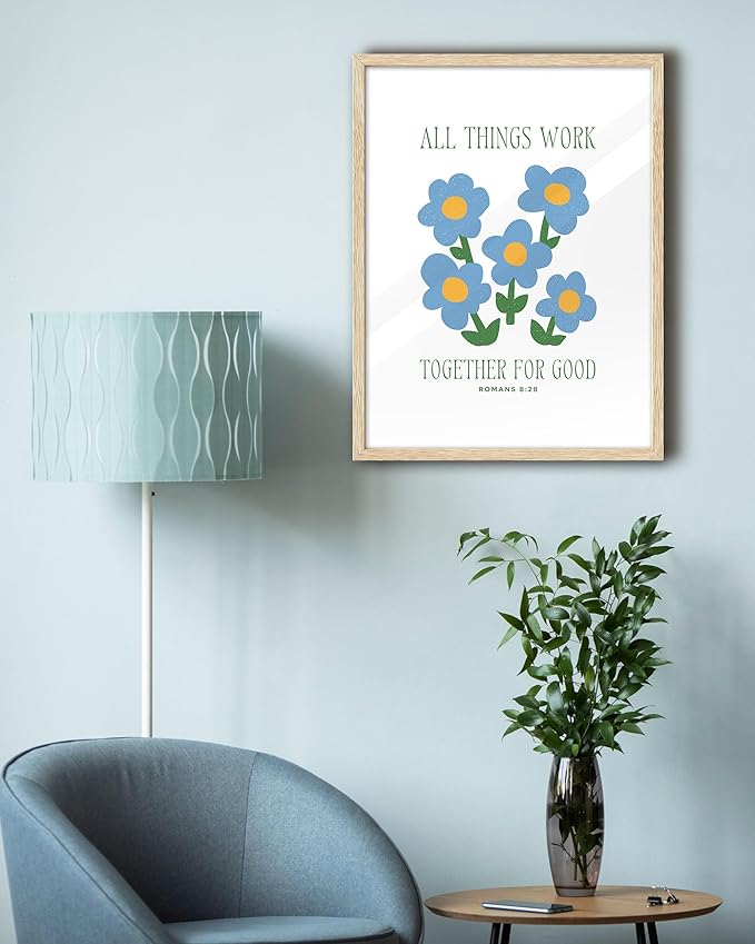 EcoHest OAK Wood God Framed Wall Art, 12x16in Romans 8:28 All Things Work Bible Verse Christian Wall Art, Modern Blue Flower Bedroom Decor For Living Room Bathroom Christian Merch Gift 1Pack