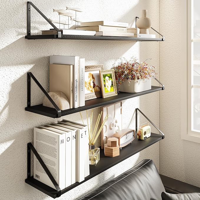 BAMEOS Rustic Wood Wall Shelves - Set of 3, Large Bookshelf for Living Room, Bedroom and Kitchen, Black Shelves for Wall Decor