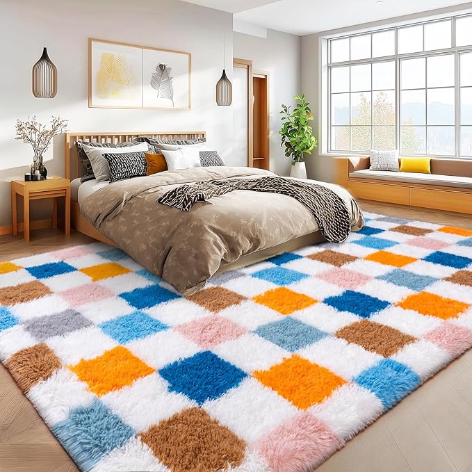 Checkered 8x10 Area Rugs for Living Room, Ultra Soft Fluffy Large Shaggy Rug Carpet for Bedroom, Non-Slip Fuzzy Plush Rugs for Nursery Boys Girls Kids Room Modern Indoor Home Decor, Colorful