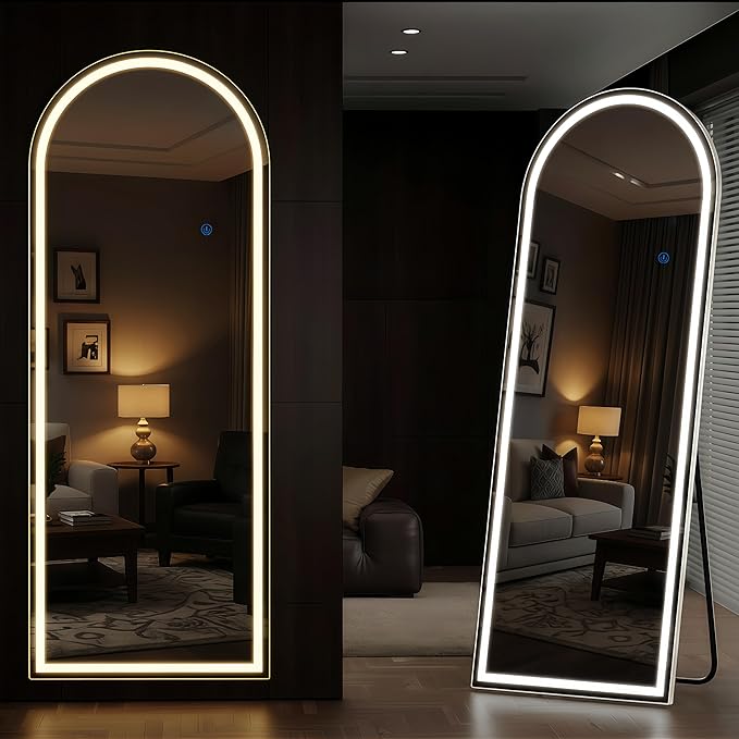 Full Length Mirror with LED Lights 65"x24"Arched Full Body Mirror with Stand Aluminum Alloy Frame, Floor Mirror with Dimming & 3 Color Lighting for Bedroom Dressing Room Tempered Glass Silver