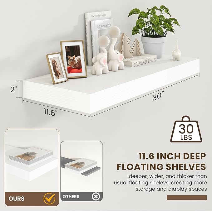 FLYJOE 30 Inch Floating Shelves | 12 Inch Deep White Floating Shelves | 30" W x 12" D Rustic Wood Shelves for Wall | Deep White Shelves for Living Room Bathroom Laundry Room Kitchen