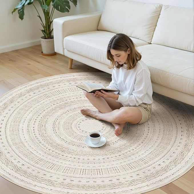cotiled 6x6 Round Area Rug Living Room: Washable Boho Rugs with Non Slip Backing Large Soft Indoor Stain Resistant Carpet for Bedroom Farmhouse Dining Room Lightweight Home Decor Brown/Cream