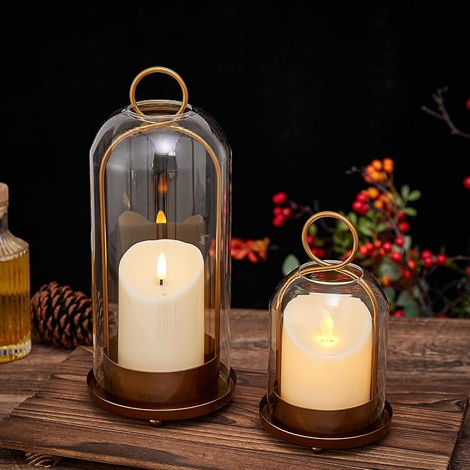 Hurricane Metal & Glass Candle Holder Gold Set of 2, Decorative Candlestick Pillar Candle Holder with Clear Glass for Wedding Party Christmas Holiday Dining Table Centerpiece Lanter