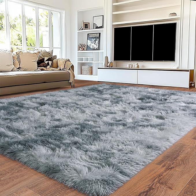 8x10 Area Rugs for Living Room, Ultra Soft Fluffy Large Shaggy Rug Carpet for Bedroom, Non-Slip Fuzzy Plush Rugs for Nursery Boys Girls Kids Room Modern Indoor Home Decor, Tie-Dye Silver Grey