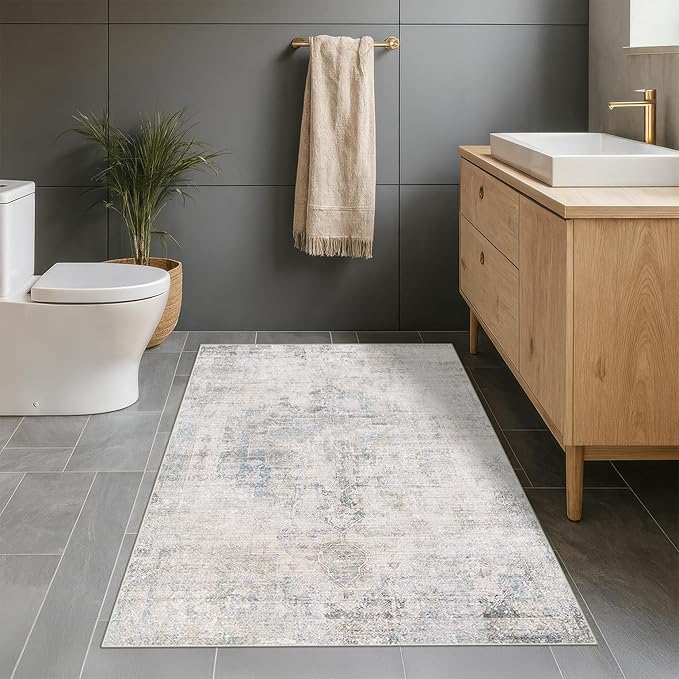 Washable Light Blue Rugs for Entryway Indoor - 3x5 Throw Rug for Large Kitchen, Bedroom Bedside, Bathroom, Mudroom, Mordern Abstract Medallion Aqua Décor, Non Slip Low Pile Fade Resistant