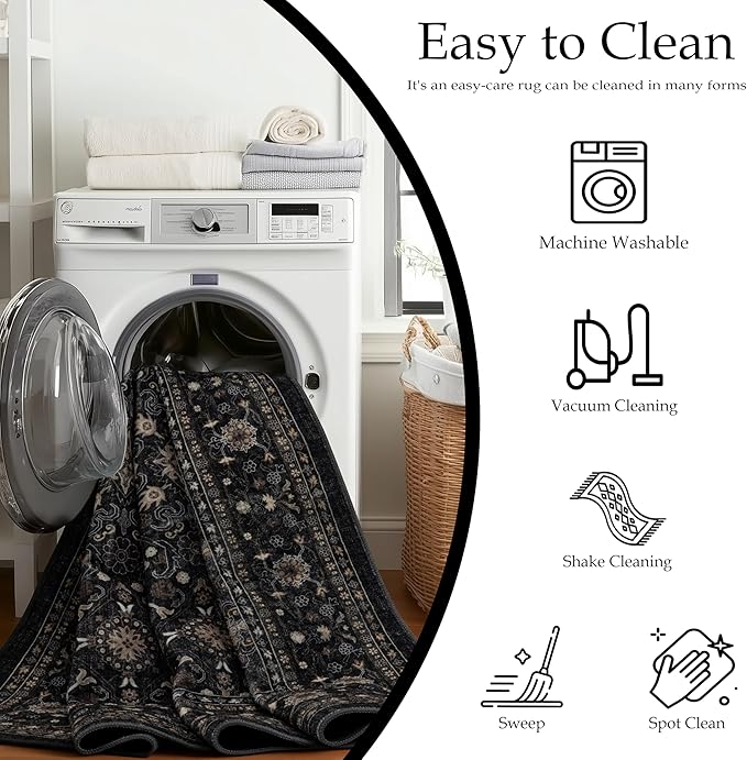 Ruaruarug Area Rug Non Slip Machine Washable Ultra Soft Living Room/Bedroom/Kitchen/Outdoor/Classroom, Black Grey, 8'×10'