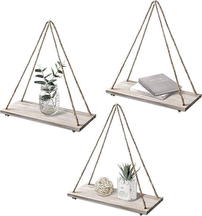 17 x 5 inch Wall Hanging Floating Shelves, Distressed Wood Farmhouse Organizer, Rustic Home Décor for Living Room Bathroom Bedroom Kitchen Apartment, Set of 3, Wash White