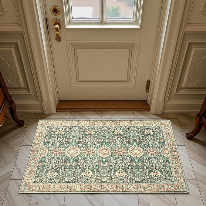 Goideal Washable Rug 2x3, Vintage Area Rugs Non Slip, Indoor Low Pile Carpet with Rubber Backing for Kitchen Bathroom Entryway Office Bedroom,Green & Orange