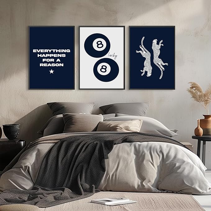 Tocliky Navy Blue Leopard Wall Art Decor Cheetah Print Room Poster Trendy Preppy Canvas Wall Art Funky Aesthetic Room Decor 8 Ball Lucky Poster Y2k Stylish Artwork for Bedroom 16x24x3 Inch Unframed