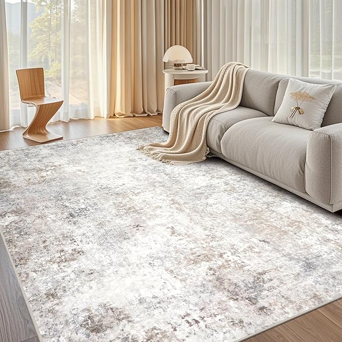 Srugn Washable Rugs 8x10 Area Rugs for Living Room,Modern Abstract Rugs for Bedroom,Large Carpets,Ultra Soft Faux Wool Retro Dining Room Rug,Non Slip&Non-Shedding Low Pile Print Rug- Beige Grey