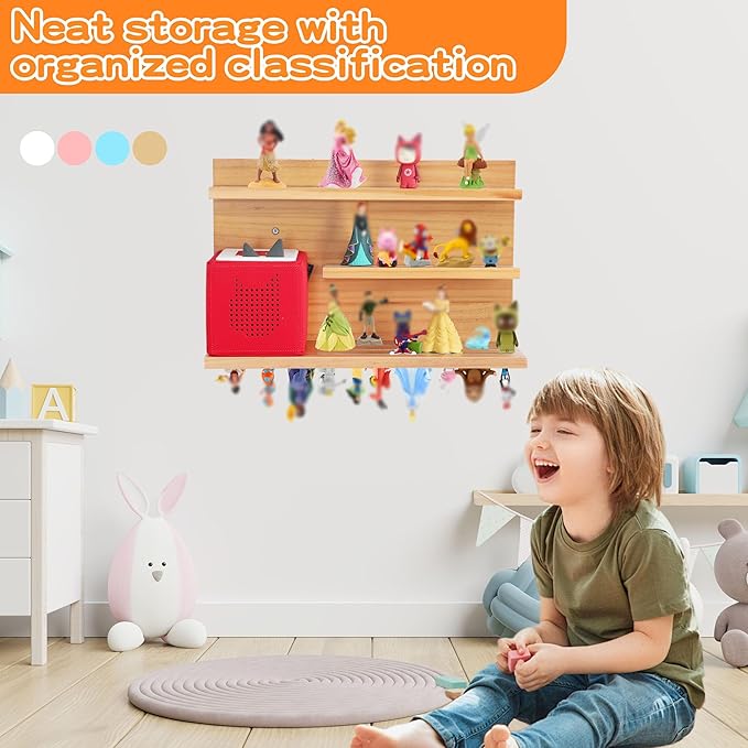 PHOENANCEE for Tonies Shelf Magnetic,for Toniebox Figures Storage Display Shelf (40-48 Character),Wall Floating Shelves Wooden,Compatible Charging Station for Children Kid's Room,Pine,3 Tier