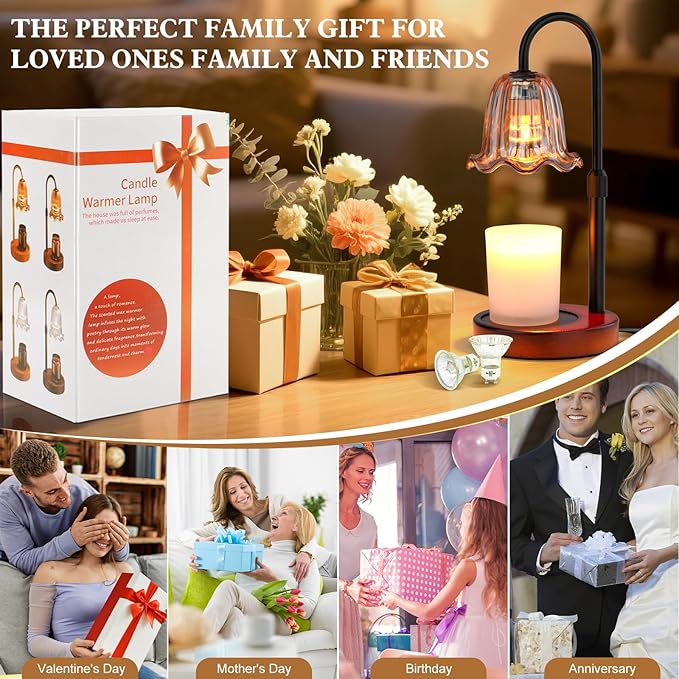 Candle Warmer Lamp Electric: Timer Dimmer Candles Warming Jar Light - Height Adjustable Dimmable Warmers Lamps - Flower No Flame Lamps with Heat Warm Melt Wax - Home Bedroom Decor Table Light