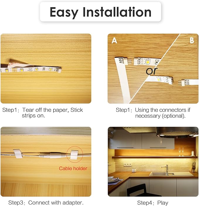WOBANE Under Cabinet LED Lighting Kit, 6 PCS Dimmable LED Strip Lights with Remote Control Dimmer, 24W Adapter, Hidden 2700K Warm White Set, Bright 1500lm, Timing, Kitchen, Counter, Shelf, Showcase