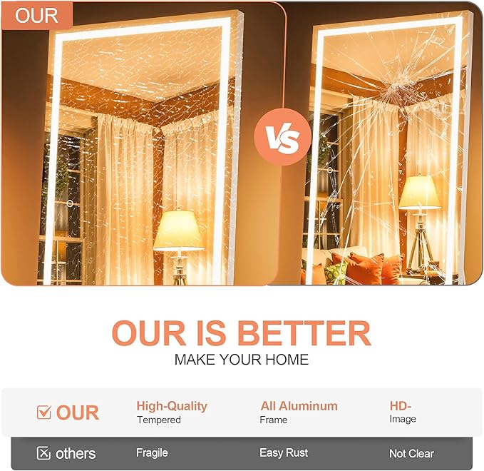 71" x 32" Full Length Mirror with Lights, LED Lighted Floor Standing Body Mirror, Dimmable & 3 Color Lighting for Bedroom, Cloakroom, Dressing Room, Tempered Glass, White Frame