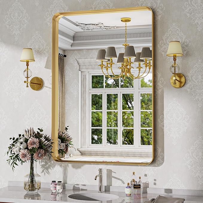 Bathroom Mirrors for Over Sink 24 x 32 Inch Rounded Rectangle Bathroom Vanity Mirror Bathroom Mirror for Wall Hangs Horizontally or Vertically for Living Room Bedroom Entryway Gold