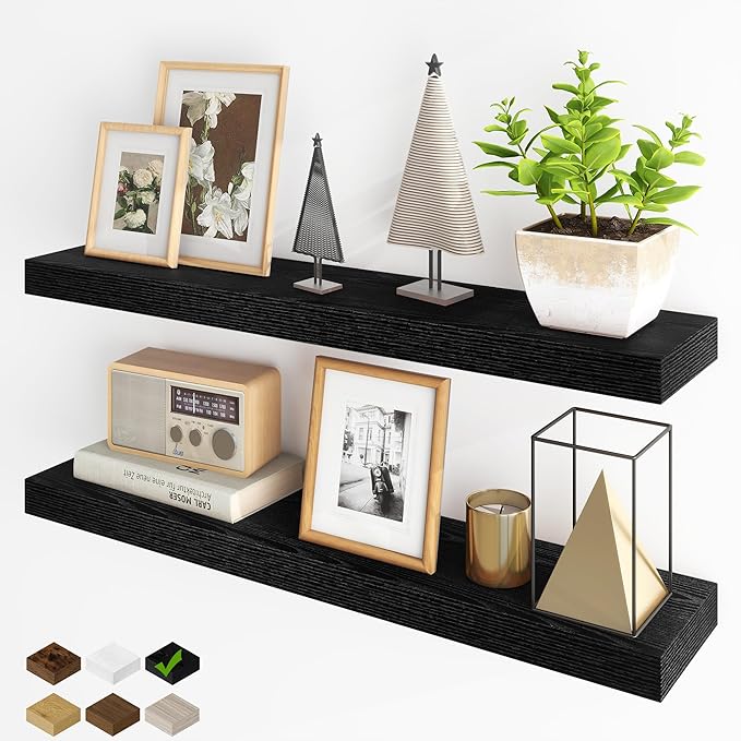 Fun Memories Floating Shelves for Wall, 36Inch Floating Shelves Set of 2, Hanging Shelf with Invisible Brackets, Bathroom Shelves for Living Room, Bedroom, Kitchen- Black