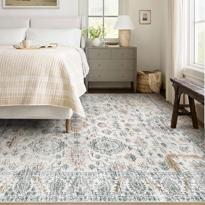 XLUEZ Area Rug 5x7 Living Room Rug, Machine Washable Vintage Distressed Boho Area Rug Non-Slip Soft Low Pile Large Indoor Rugs for Bedroom Kitchen Dining Room Office(Brown Green,5'x7')