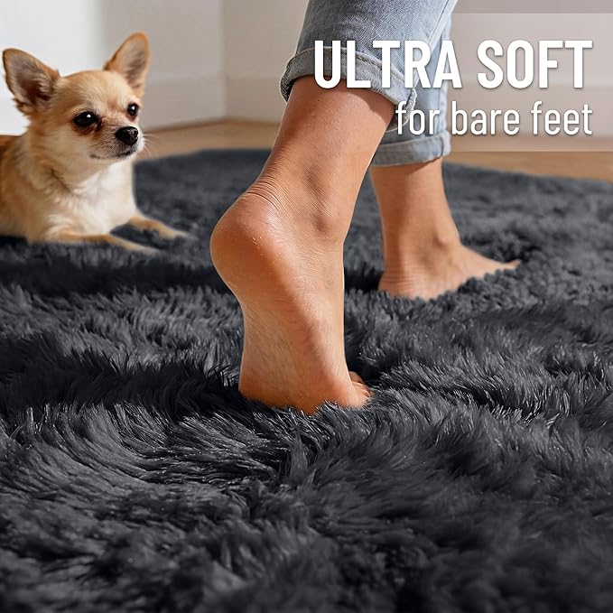 OLANLY Area Rugs for Living Room Bedroom, Machine Washable 4x5.9 ft Soft Fluffy Shaggy Bedside Rug, Indoor Floor Carpet for Kids Girls and Boys, Dorms, Nursery Rooms, Home Decor Aesthetic, Black