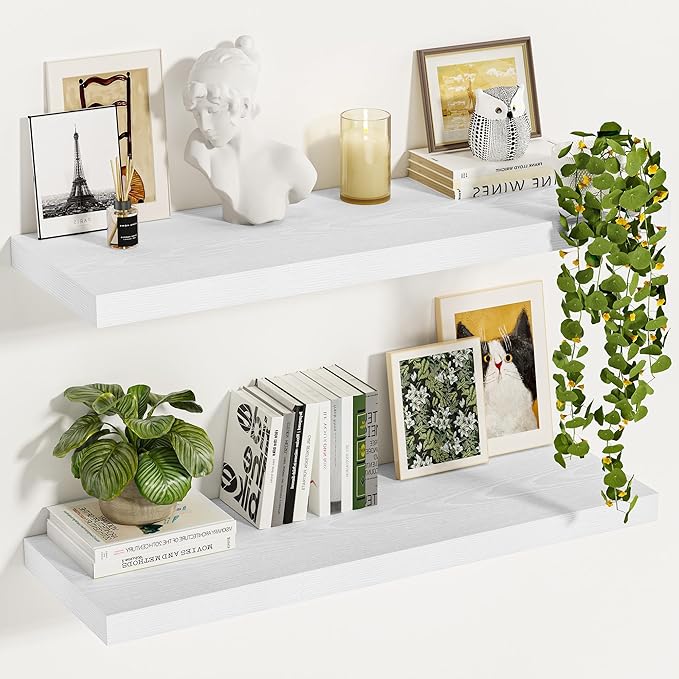 Vivelove White Floating Shelves 12 Inches Deep, [Wood Grain Texture] 24x12 Floating Shelves for Wall with Invisible Brackets, Room Shelves for Living Room Bedroom Bathroom Kitchen Office, Set of 2