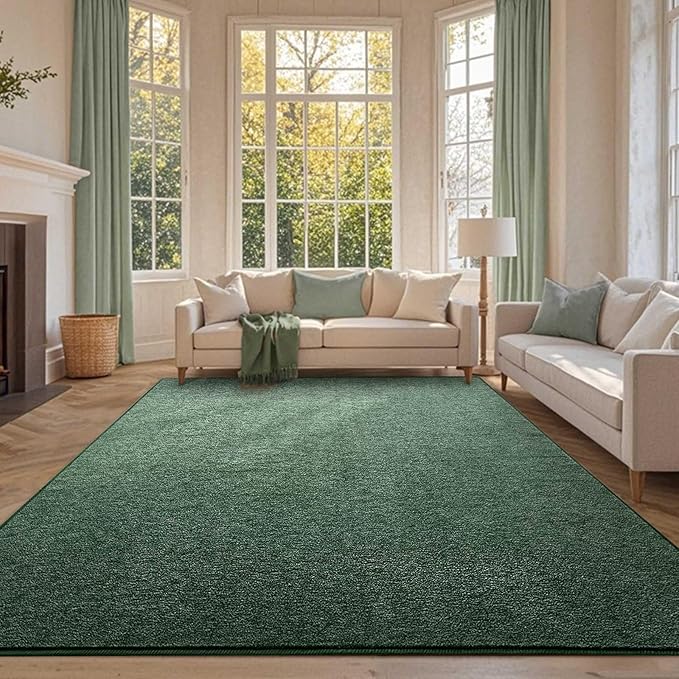 FinRèc Low Pile 6x9 Washable Area Rugs for Bedroom Living Room, Thin Rug Solid Color, Non-Slip Carpet Indoor for Home Decor (Green/White)