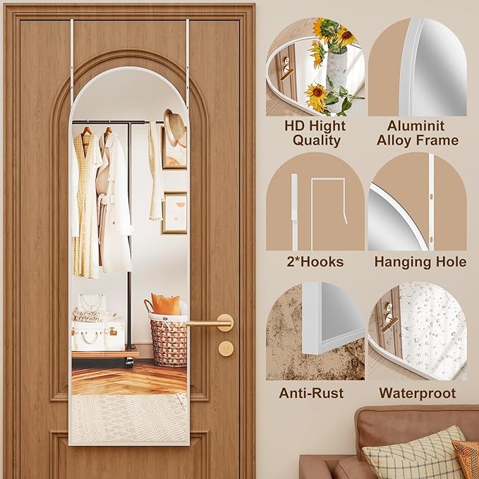 Rowjut Full Length Door Mirror, Wall Mounted Wall Mirror & 48"X14" Arched Behind Door & Full Length Mirrors for Use in Living Rooms, Rooms, Bedrooms, Cloakrooms, etc. (White)