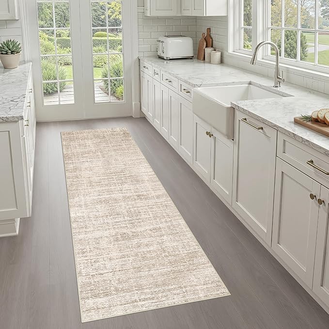 Runner Rug Non-Slip Kitchen Rug: 3x8 Washable Abstract Modern Soft Stain Resistant Indoor Floor Neutral Accent Throw Carpet for Hallway Bathroom Laundry Room Bedroom Entryway- Beige