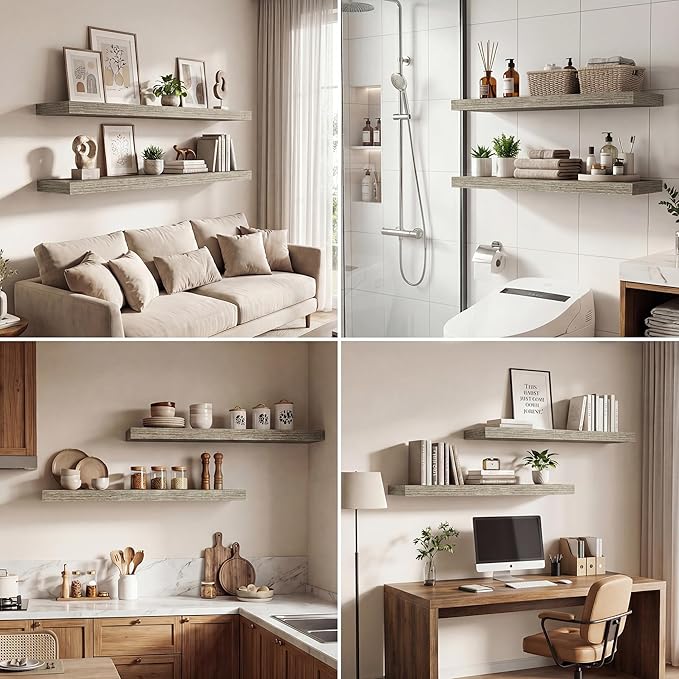 Dreamland 32 Inches Floating Shelves for Wall, 9.3" Deep Long Floating Shelves Set of 2, Large Display & Storage Shelf, Wall Shelf for Bathroom Bedroom Living Room Kitchen Office, Grey