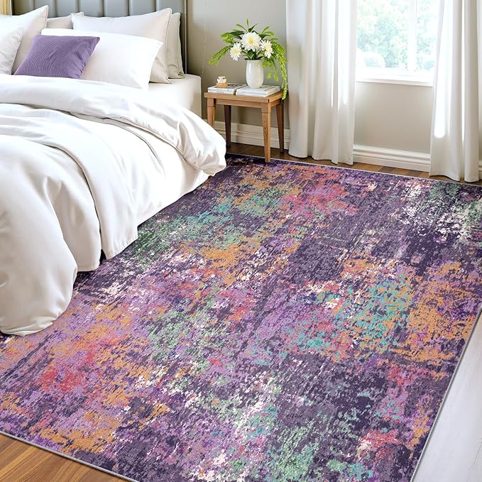 RELEANY Washable Area Rugs 4'x6' Non-Slip Modern Abstract Soft for Living Room Entryway Bedroom Nursery, Print Pattern, Purple Orange Blue Green Rust Red Colorful