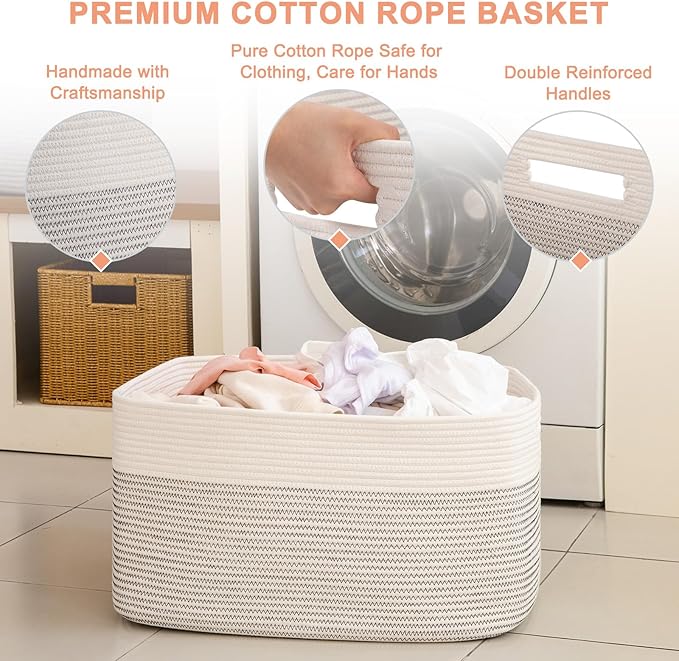 75L Large Cotton Rope Basket, Soft Toy Storage Bin for Nursery & Living Room, Decorative Blanket Basket for Bedroom, Baby-Safe Organizer for Pillows &Laundry, 22''×17''×12'', Black & White