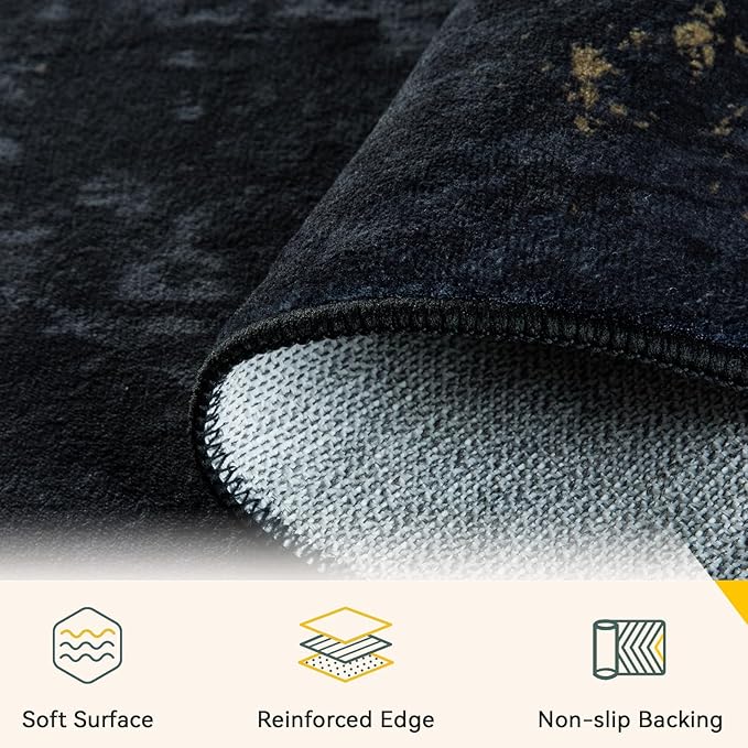 RELEANY Washable Area Rugs 4'x6' Non-Slip Modern Abstract Soft for Living Room Entryway Bedroom Nursery, Print Pattern, Dark Black Gold