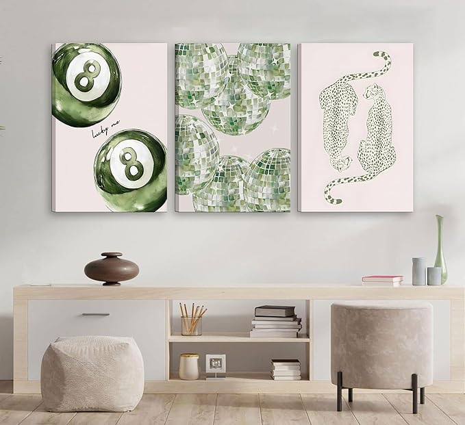 3Pcs Framed Trendy Leopard Disco Ball Canvas Wall Art Sage Green Lucky Poster Prints Preppy Ace Cards Wall Decor pictures for Girly Bedroom Apartment Dorm Decoration