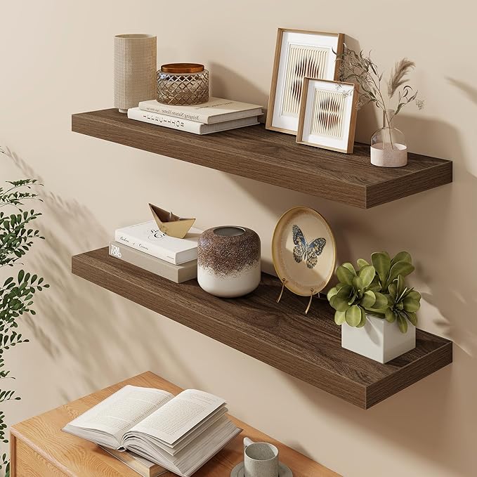 Fun Memories 40" W x 9.3" D Floating Shelves for Wall, Deep Long Floating Shelf for Home Bathroom, Bedroom, Living Room, Rustic Wood Wall Mounted Shelves for Books Decor, Walnut