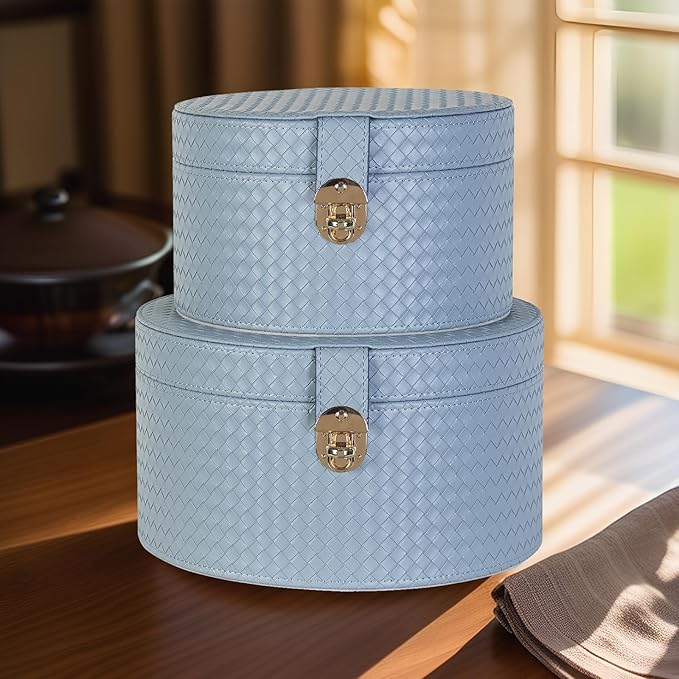Large Leather Decorative Boxes Set of 2 Round Hat Box Bin Basket with Lid for Shelf Coffee Table Storage Remotes Modern Home Decor (light blue)
