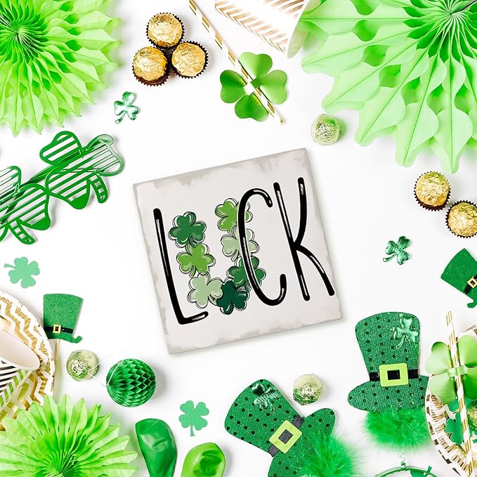 St. Patrick's Day Decorations, Irish Luck Shamrock Wooden Box Sign Desk Decor, Lucky Sign for St Patrick's Day Home Party Decor 5x5