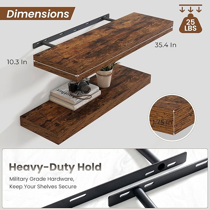 Heimlove 36 Inch Floating Shelves for Wall,Thicker and Deeper Wall Shelves Mounted Storage & Display Wood Shelf,Hanging Shelf for Bedroom Living Room Kitchen Office,Set of 2,Rustic Brown