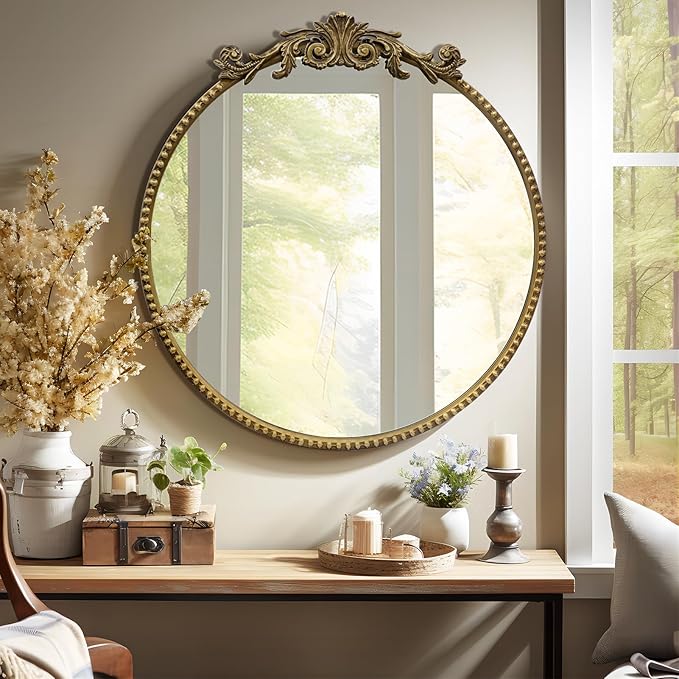 Round Mirror, 24''Baroque Style Circle Mirror Vintage Gold Metal Frame Wall Mirrors for Vanity, Bathroom or Bedroom