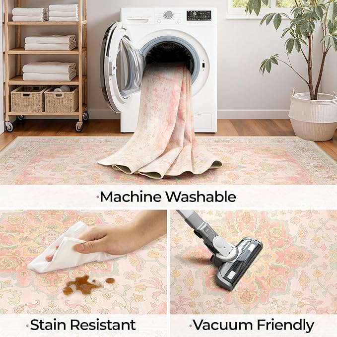 CAPALOCA Machine Washable Rugs Nursery Rug 6x9 Cute Girl Non Slip Low Pile Water Repellent Soft Print Pattern for Bedroom Indoor Decor Kids Playroom Pink Green