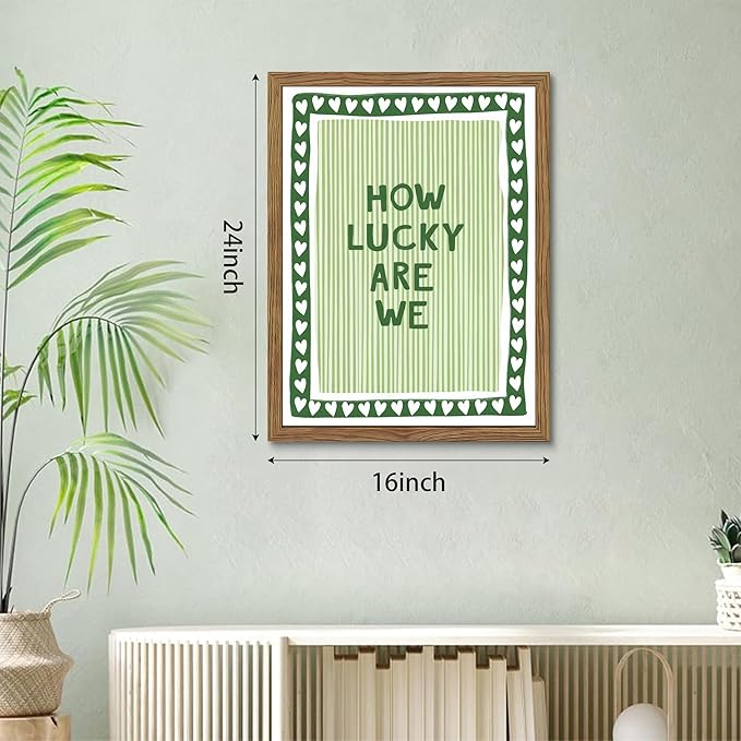 How Lucky Are We Wall Art, Vintage Green Inspirational Canvas Wall Decor Painting, Trendy Preppy Stripe Quotes Posters Prints Pictures for Bedroom Dorm Apartment Decor 16x24 Inch Framed