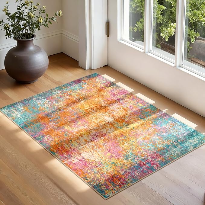 RELEANY Washable Area Rugs 2'x3' Non-Slip Modern Abstract Soft for Living Room Entryway Bedroom Nursery, Print Pattern, Orange Blue Pink Yellow Colorful