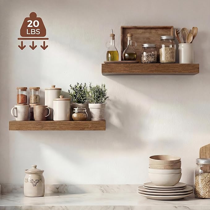 Dreamland 16 Inches Floating Shelves for Wall, 9.3" Deep Long Floating Shelves Set of 2, Large Display & Storage Shelf, Wall Shelf for Bathroom Bedroom Living Room Kitchen Office, Walnut