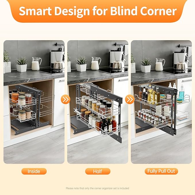 2 Tier Blind Corner Pull Out Organizer,Kitchen Slide Out Corner Cabinet Organizer Shelf with 4 Basket,Left Open & Right Open Compatible Cupboard Storage Shelf for Kitchens Bathrooms Laundries