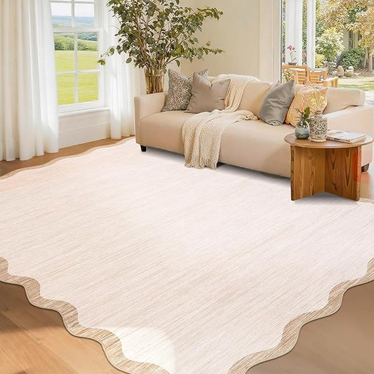 GarveeHome Scalloped Washable Rug 4x6, Beige Boho Living Room Area Rug, Bordered Non-Slip Farmhouse Bedroom Carpet Dorm Room Throw Rug, Low Pile Soft Accent Mat for Kitchen Entry Office 4'x6' Beige