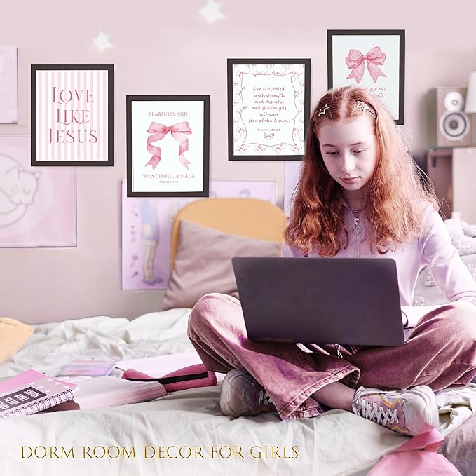 LARTSFRO Coquette Pink Bow Jesus Wall Art Decor Posters, Pink Bow Room Bedroom Bathroom Dorm Wall Art Decor Aesthetic for College Teen Girls Gifts, Inspirational Bible Verses Bow Wall Decor, 10x8 Inch Set of 4 Pcs Bow Pictures (DARK FRAMED)