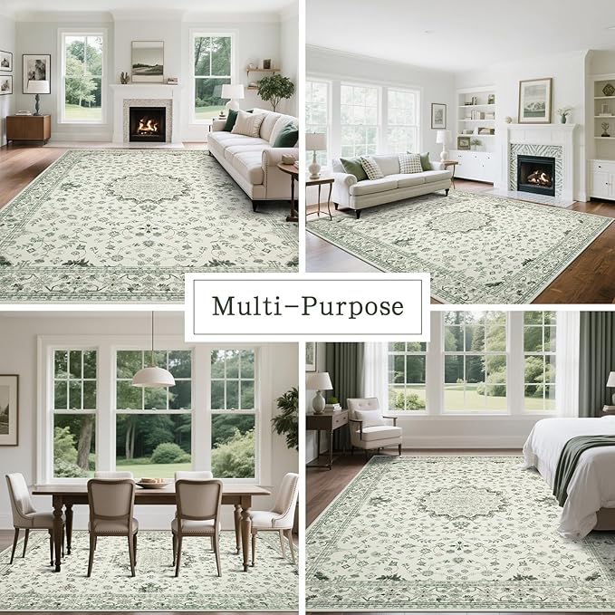 Srugn Washable Rugs 8x10 Area Rugs for Living Room,Rugs for Bedroom,Large Carpets,Ultra Soft Faux Wool Retro Dining Room Rug,Non Slip&Non-Shedding Low Pile Vintage Print Rug for Home Office-Green