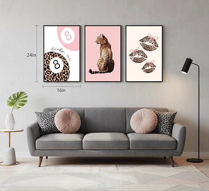 YZLYAD 3Pcs Pink Trendy Leopard Wall Art,Fashion Cheetah Lucky 8-Ball Canvas Posters,Lip Bow Painting Pictures,Preppy Y2k Wall Decor for Bedroom Dormitory Apartment.16x24in Unframed