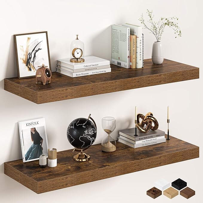 40Inch Floating Shelves for Wall, 12 Inch Deep Shelves for Bedroom, Kitchen, Bathroom Wall Mounted, Rustic Wood Floating Shelf with Invisible Brackets for Books, Storage, Decor, Rustic Brown, 2 Packs