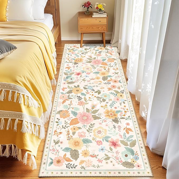 RELEANY Floral Nursery 2x8 Area Rugs Washable Print Boho Cute Carpet Non Slip Flower Low Pile for Living Room Kids Girls Playroom Bedroom Kitchen Office Farmhouse-Beige/White/Orange