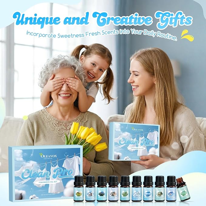 Clean Fragrance Oils Set,Gifts for Mom,10 Premium Essential Oils Set for Diffuser, Soap & Candle Making, Dryer Ball,Home Fragrance,Fresh Cotton, Fresh Clean Air, April Clean and More 10x5ml Scent Oil
